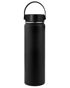 Black water bottle with a black lid on a transparent background